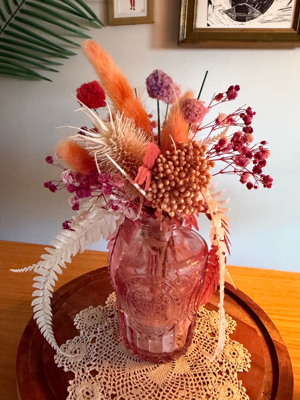 Pink Glass Vase with Orange & Pink Dried Floral Arrangement